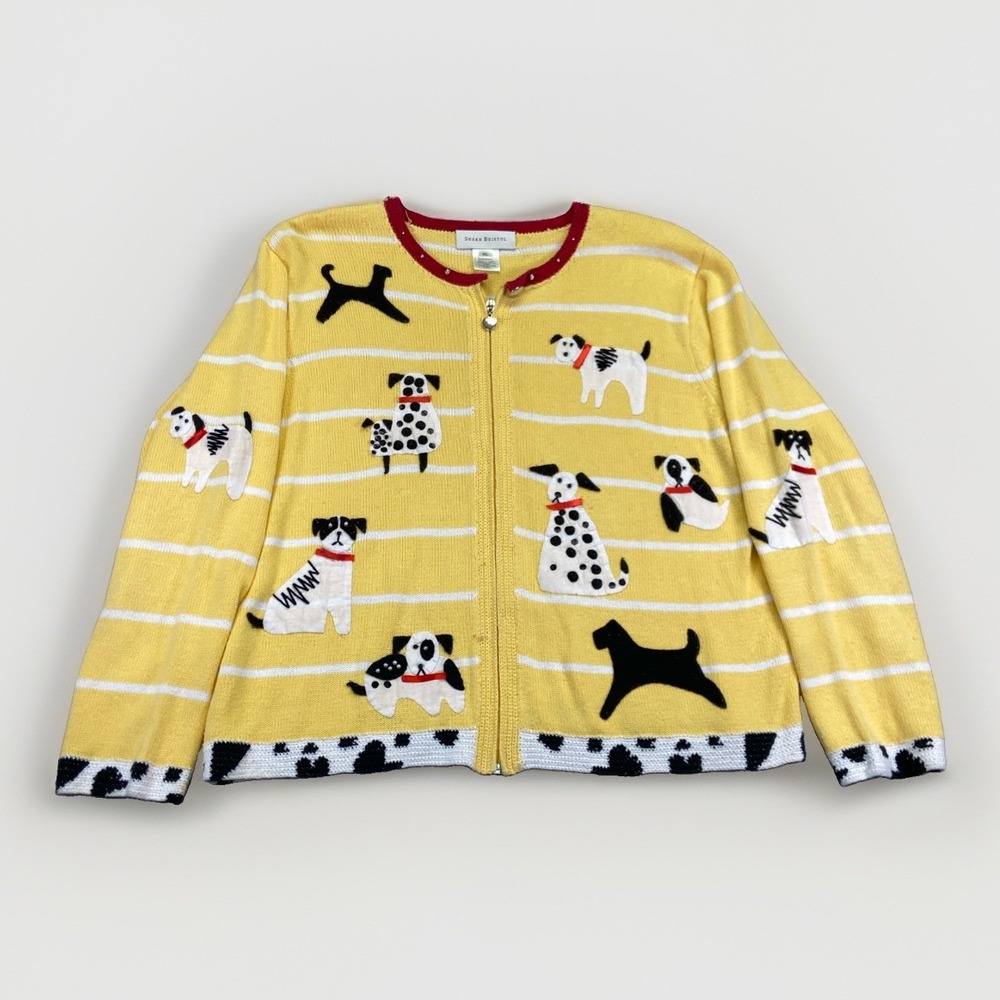 Susan Bristol Cardigan Sweater Womens XL Yellow Dog Applique Vintage Y2k